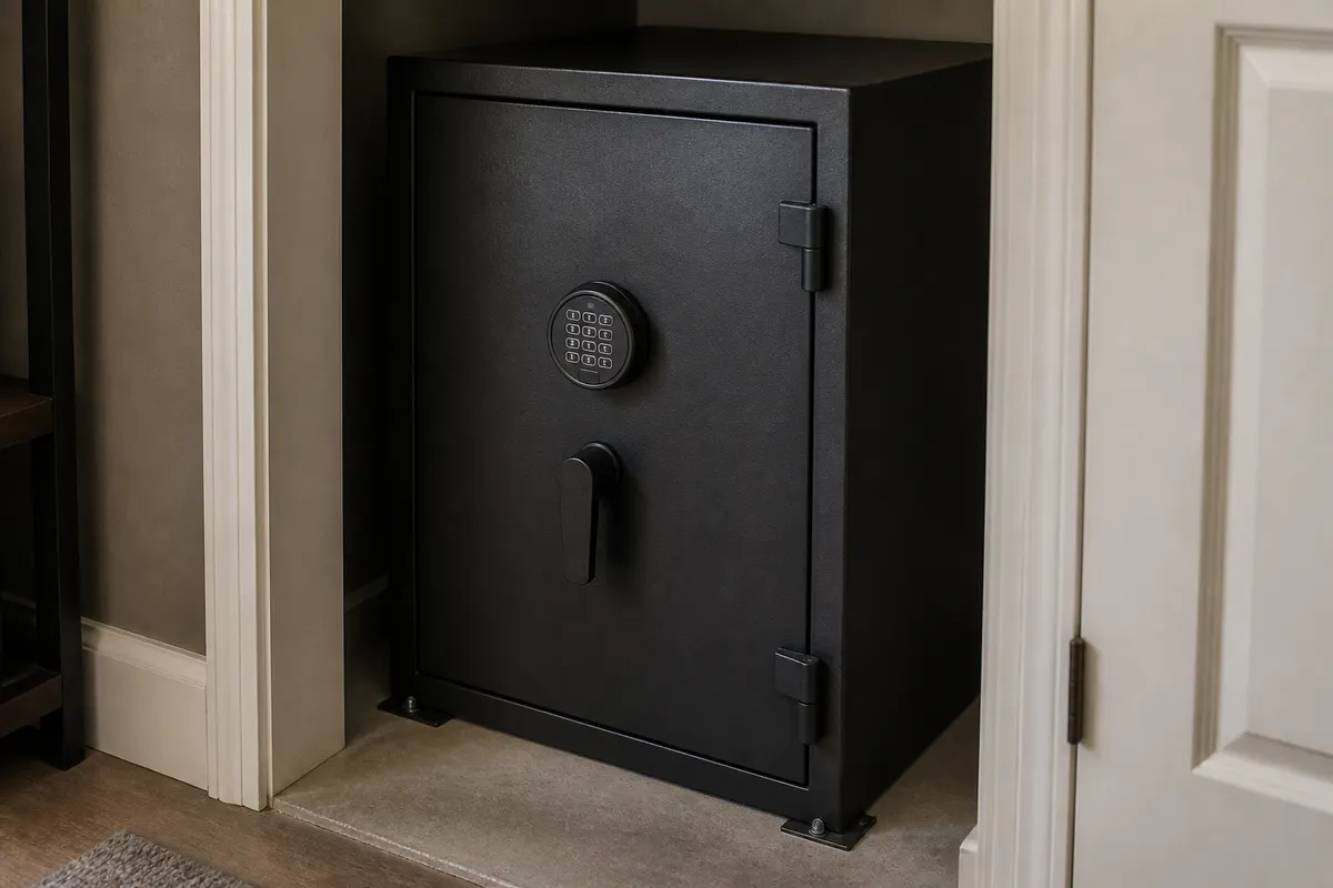 Residential gun safe standing in a closet with the door closed