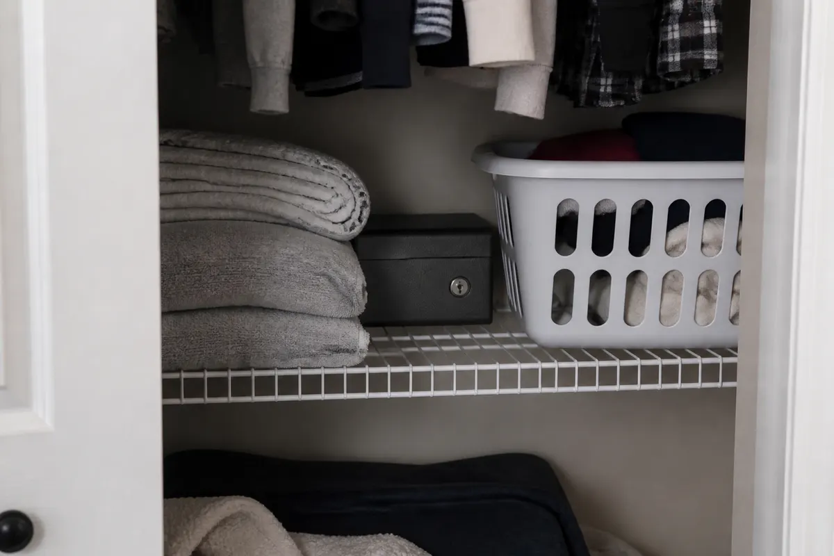 Closed lockbox tucked on a closet shelf behind folded blankets