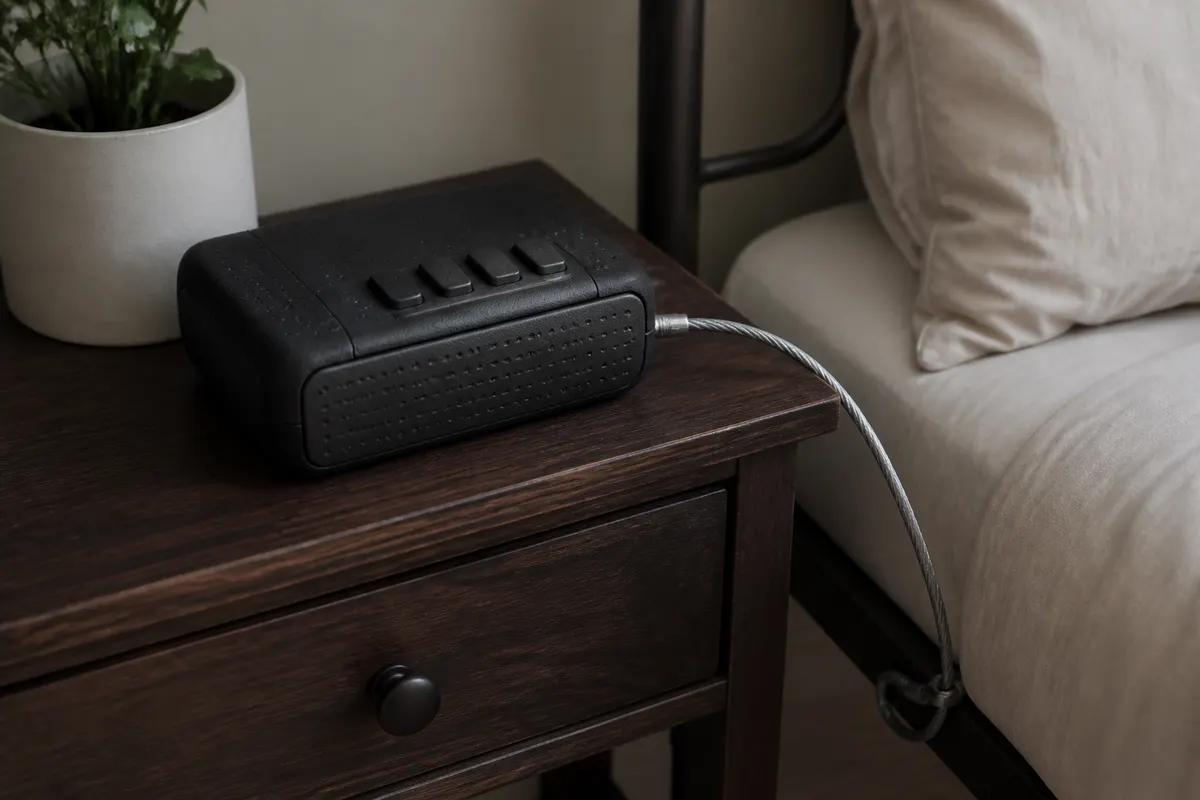 Closed polymer lockbox on a nightstand with a security cable attached