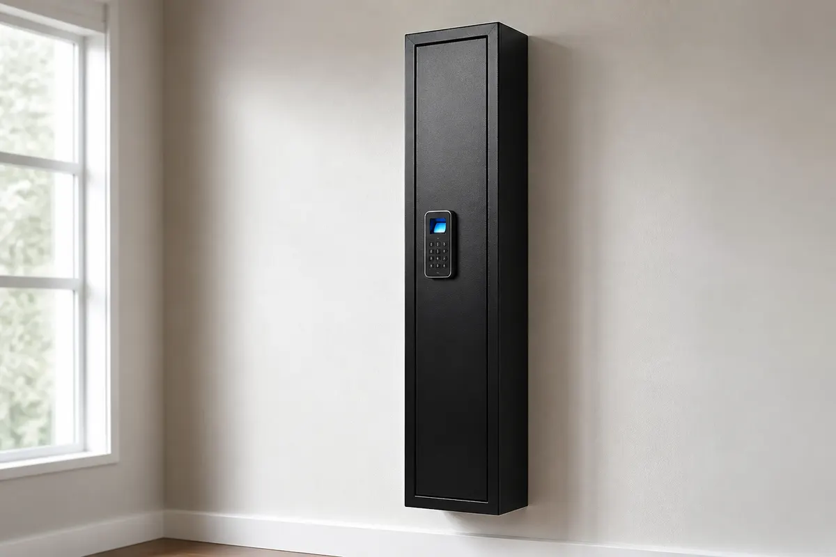 Closed wall-mounted long-gun locker on an interior wall